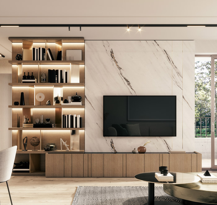 Modern living room with a stylish bookshelf, TV, and elegant decor elements.