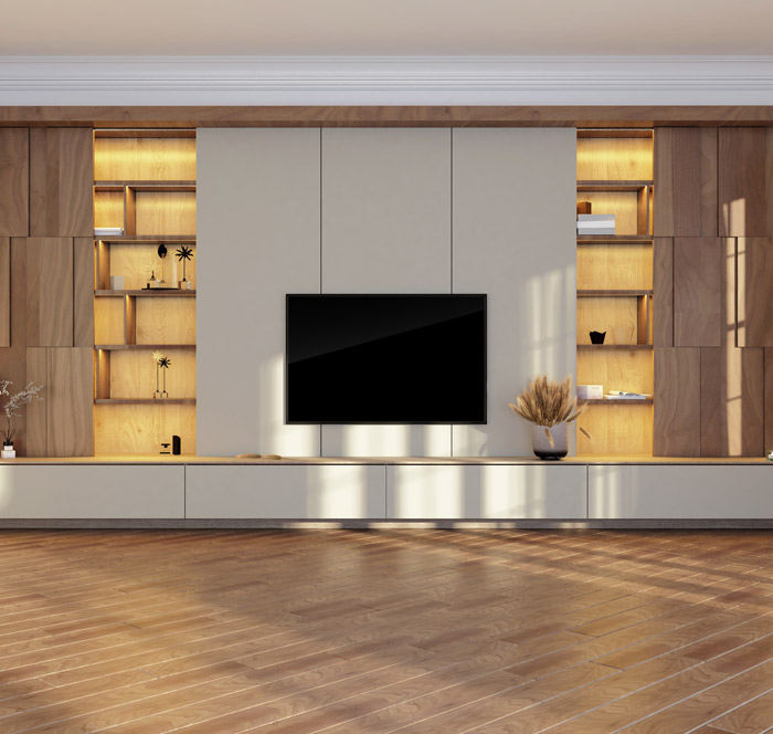 Modern living room featuring a custom TV unit and wooden shelving.