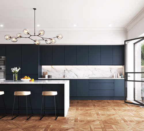 A modern kitchen with navy cupboards