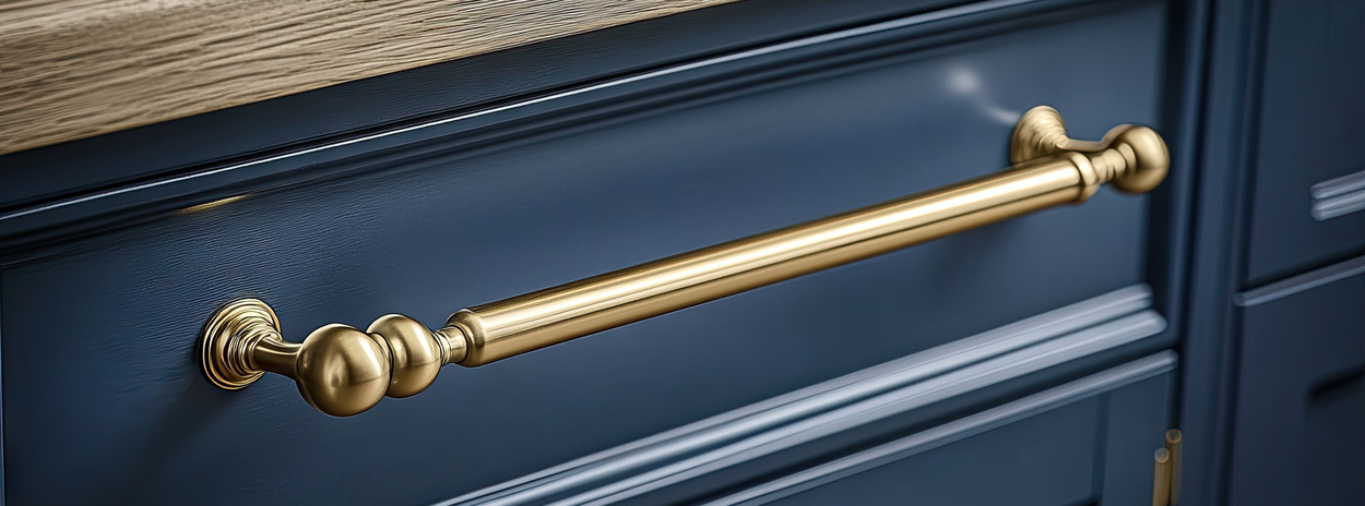 A closeup of a kitchen cupboard handle