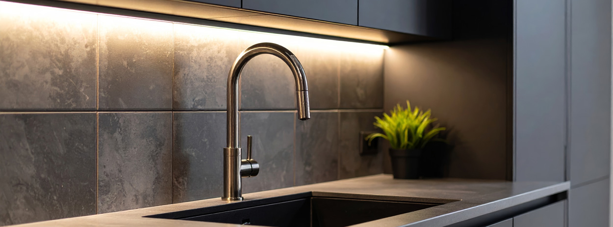 A kitchen cabinet with lighting