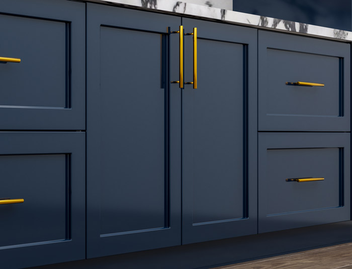 Freshly painted navy kitchen cabinets