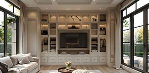 Bespoke TV unit and media wall by Bookham Kitchens Surrey