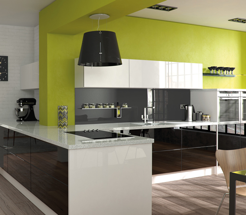 A vibrant kitchen with green walls and modern cabinets