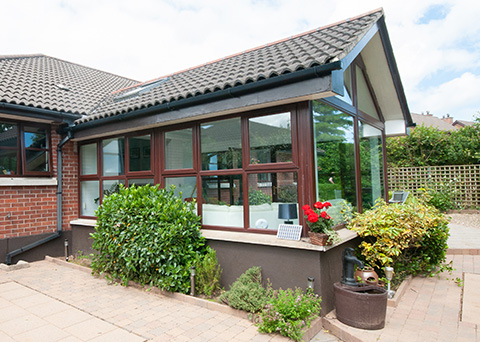 modern house extension with large windows and landscaped garden featuring green shrubs and flowers inviting outdoor space for relaxation and enjoyment of nature seven appealing features for a serene environment