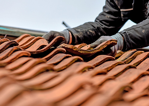 hand placing tile on roof with five roof tiles visible