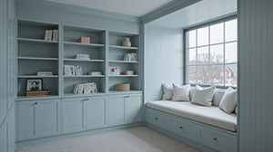 A bedroom with blue fitted wardrobes