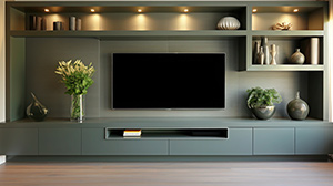 A living room with a fitted media wall