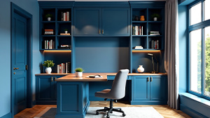 A home office with built in blue desks