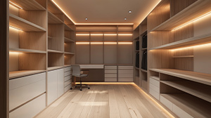 A wooden walk in wardrobe