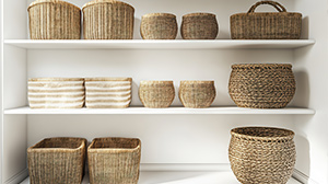 Fitted shelving with wicker baskets