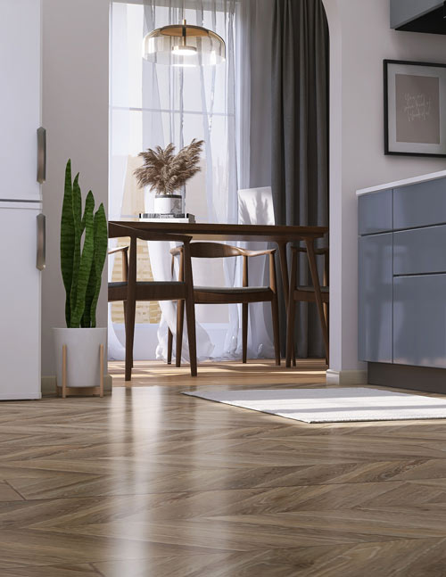 A modern kitchen with wood flooring