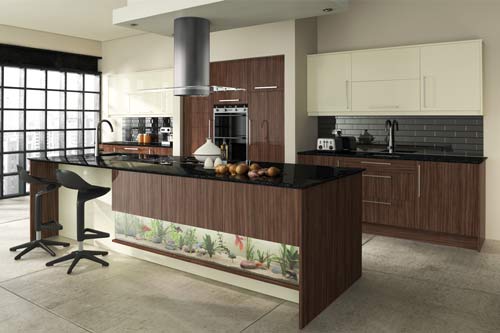 A modern kitchen with wooden cabinets and a fish tank