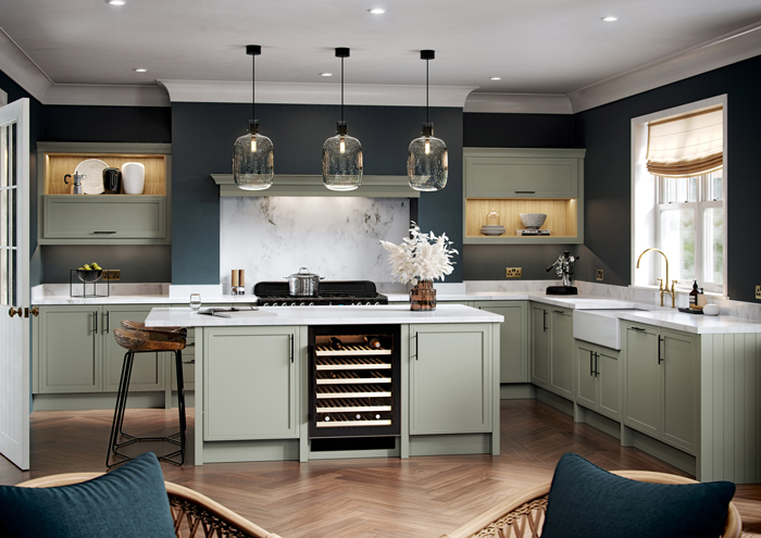 A modern kitchen with dramatic light fixtures
