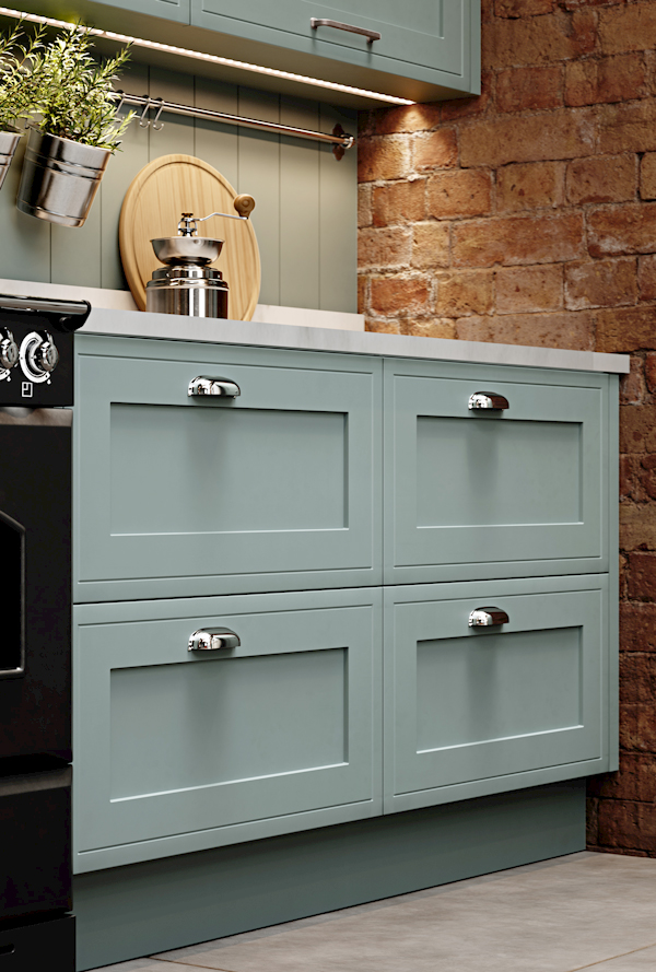 A close up of drawers in a shaker kitchen