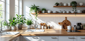 A kitchen with open shelving