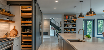 A kitchen with tall shelving