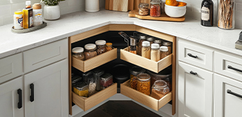 A corner cabinet in a kitchen