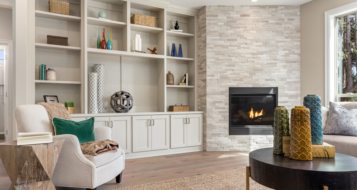 A modern living room with sideboard shelving