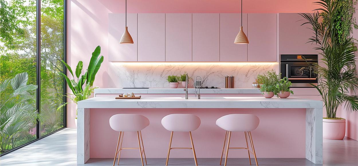 A pink, colour drenched modern kitchen
