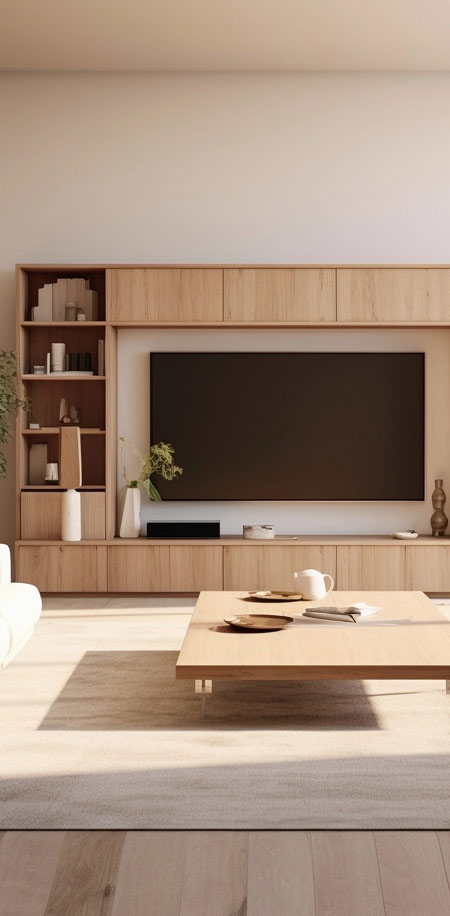 A media wall with wooden storage