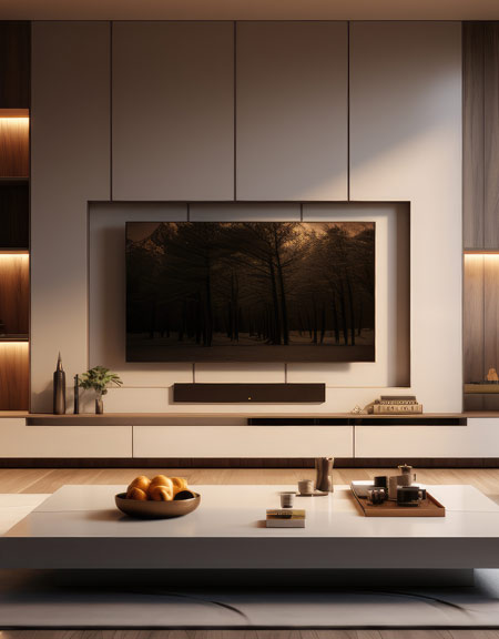 A media wall with white cabinates