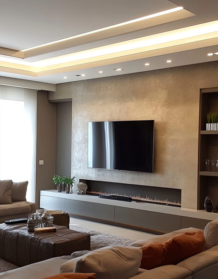 A media wall with a fire place